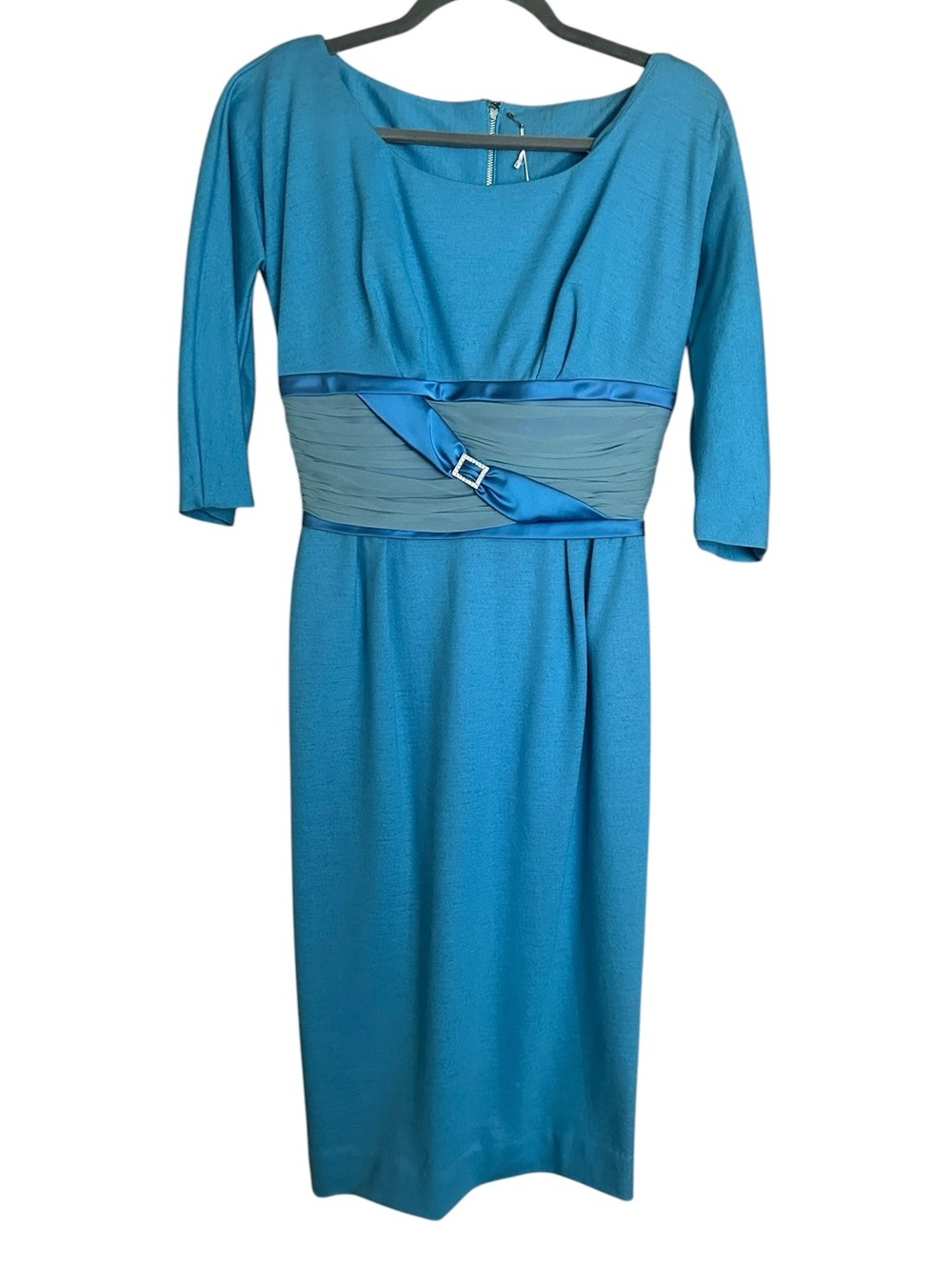Vtg 60's Sheath Wiggle Pencil Cocktail Party Cummerbund Dress Wool Blue New Sz S
